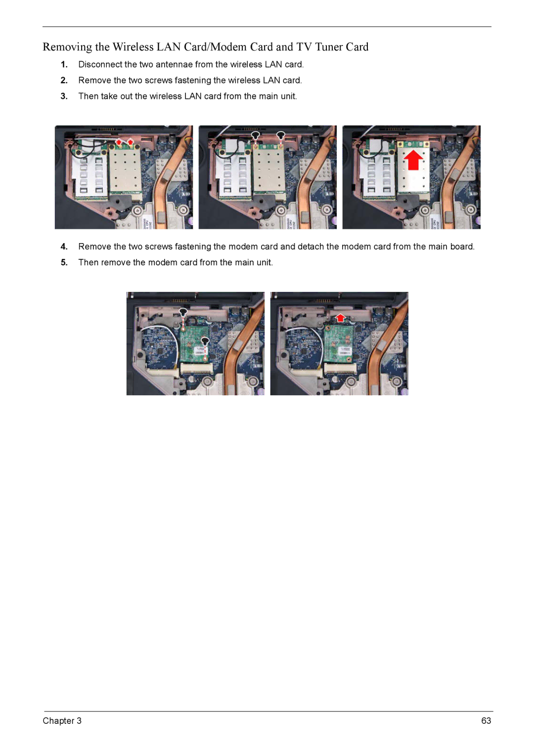 Acer 7220, 7520 manual Removing the Wireless LAN Card/Modem Card and TV Tuner Card 