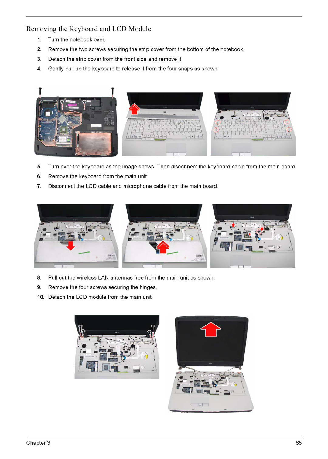 Acer 7220, 7520 manual Removing the Keyboard and LCD Module 