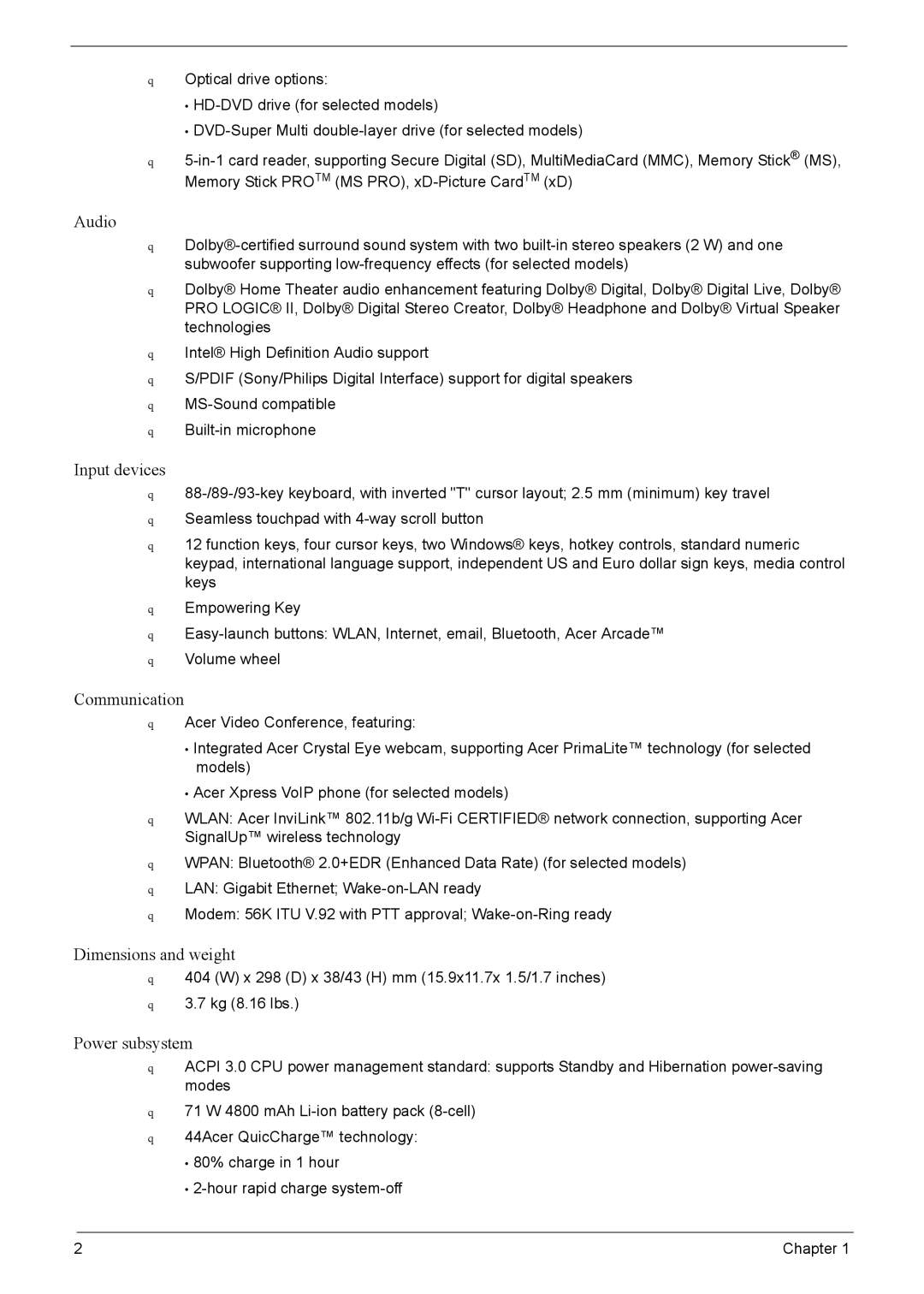 Acer 7520, 7220 manual Dimensions and weight 