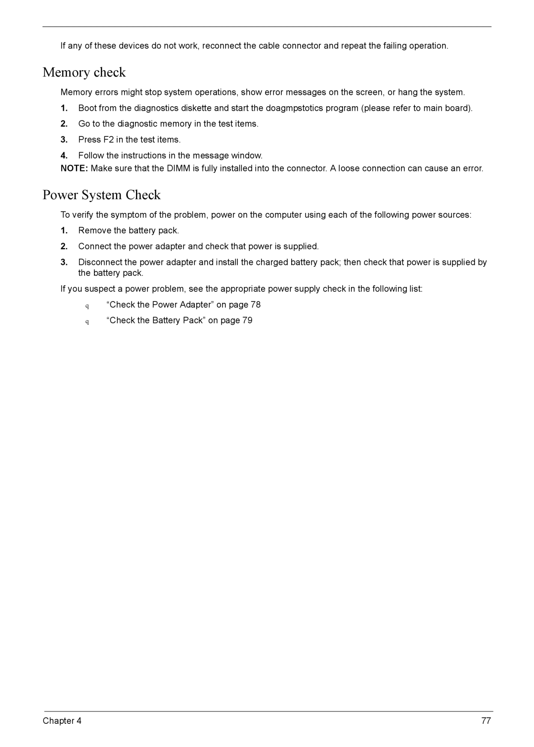 Acer 7220, 7520 manual Memory check, Power System Check 