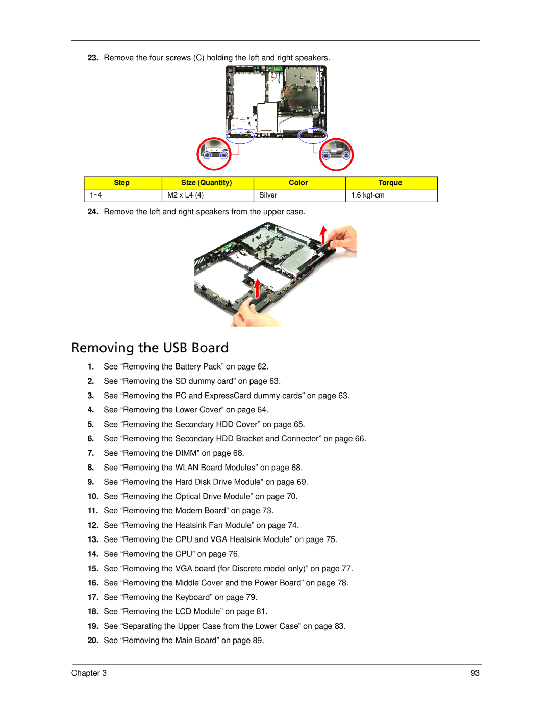 Acer 7520 manual Removing the USB Board, Remove the left and right speakers from the upper case 