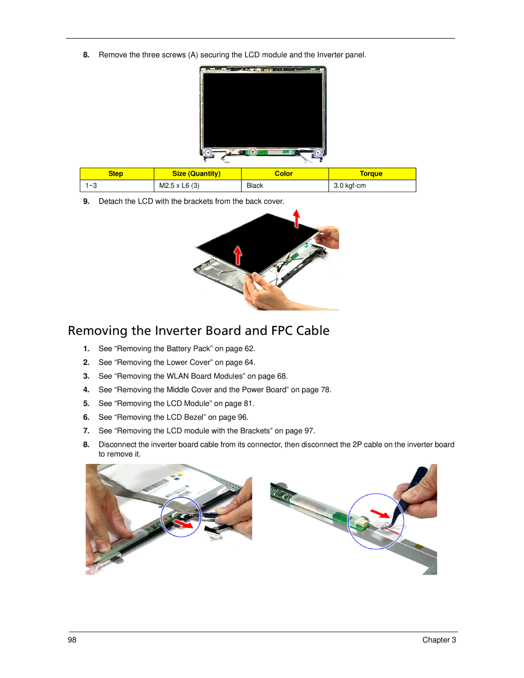 Acer 7520 manual Removing the Inverter Board and FPC Cable, Detach the LCD with the brackets from the back cover 