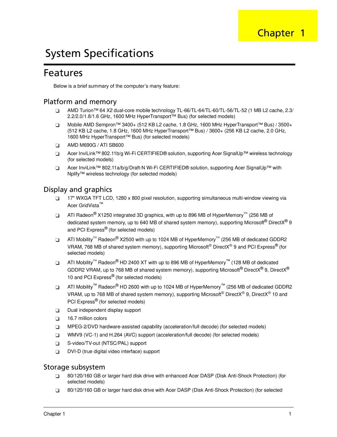 Acer 7520 manual Chapter, Features, Below is a brief summary of the computer’s many feature 