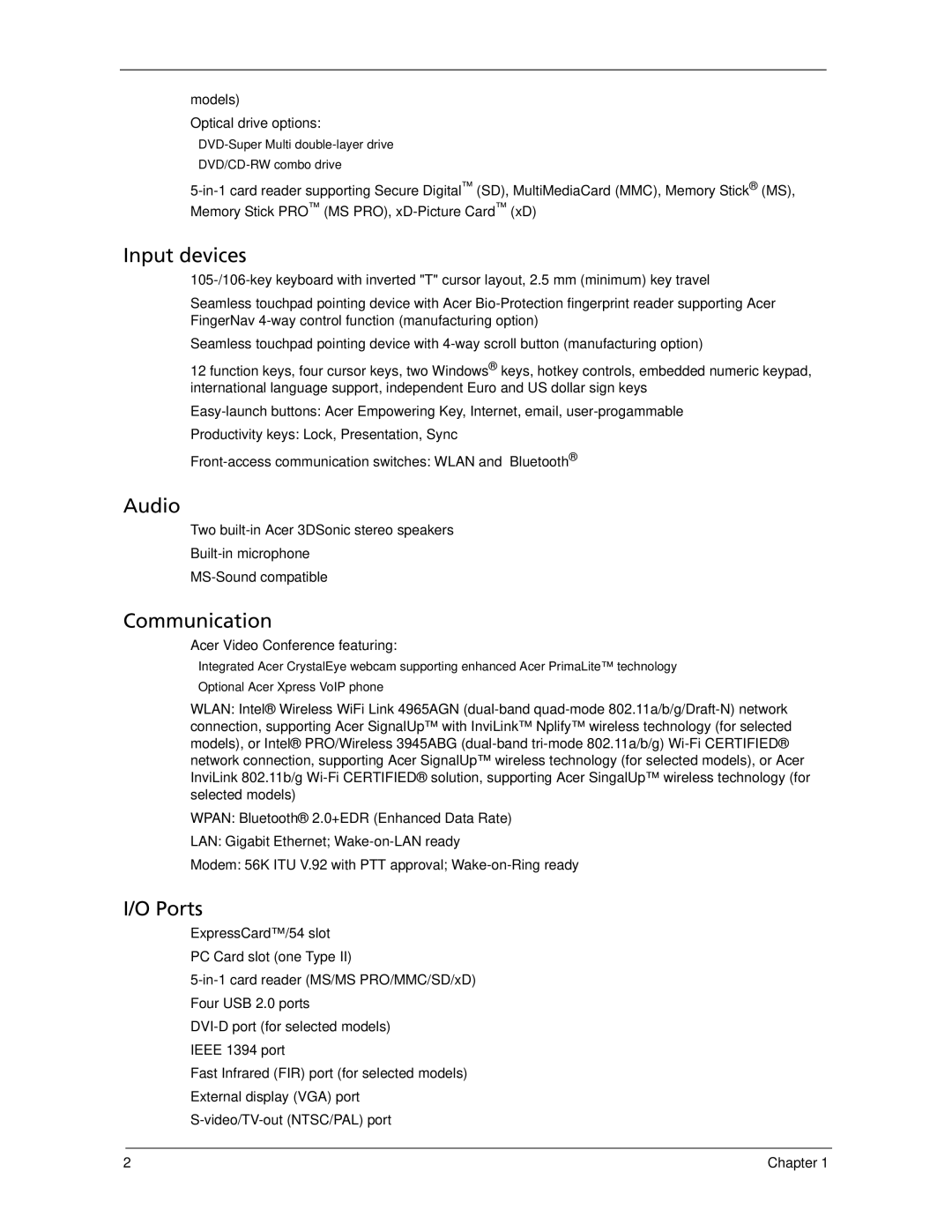 Acer 7520 manual Models  Optical drive options,  Acer Video Conference featuring 