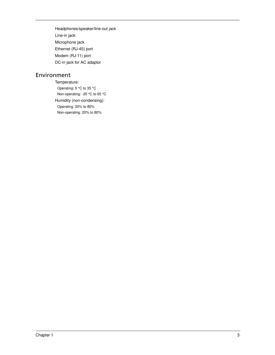 Acer 7520 manual  Temperature,  Humidity non-condensing 