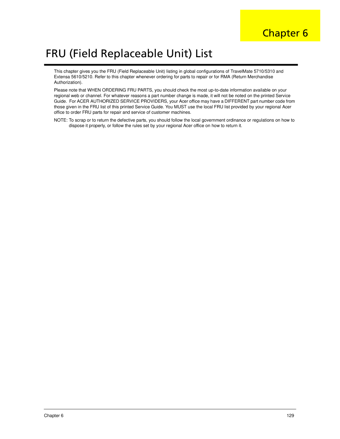 Acer 7520 manual FRU Field Replaceable Unit List 