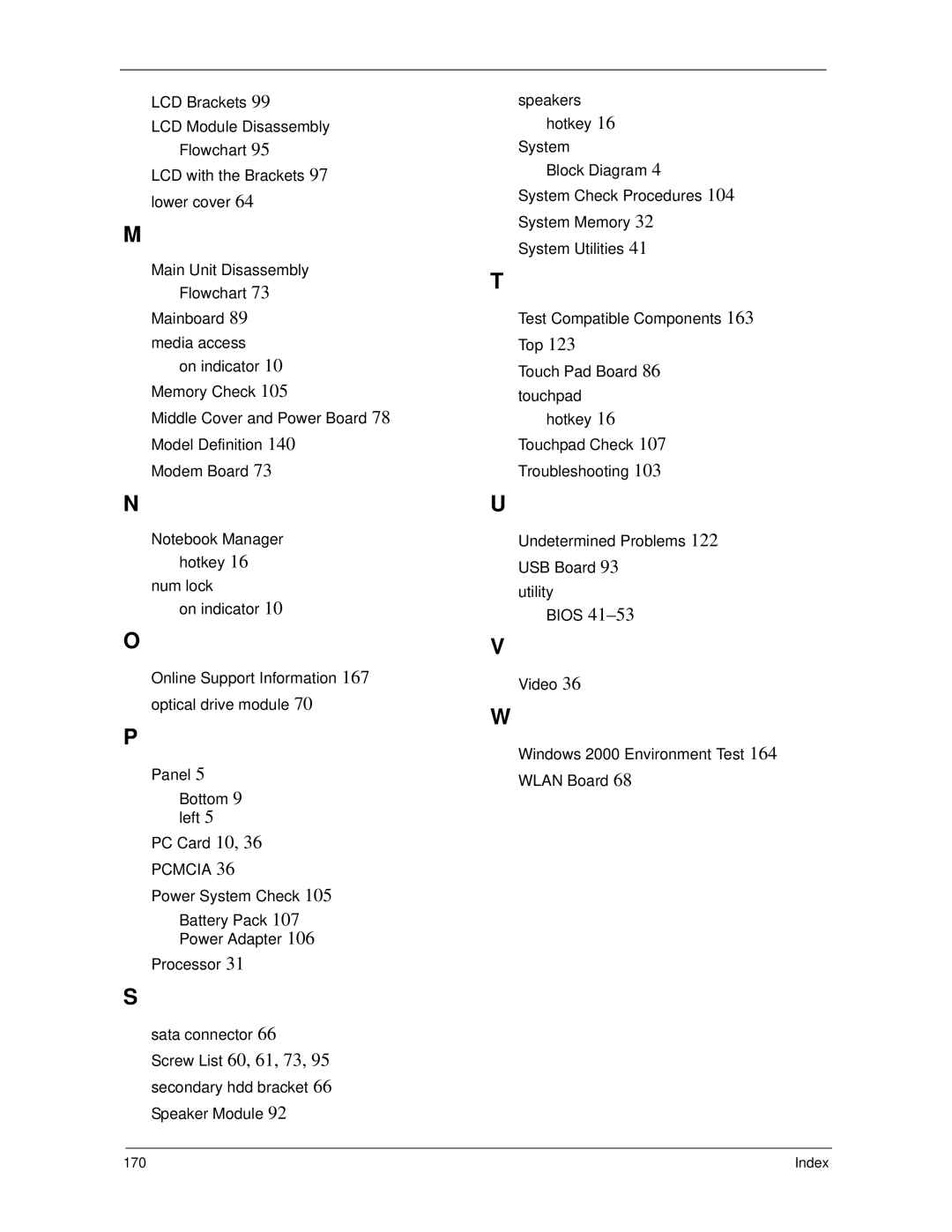 Acer 7520 manual Screw List 60, 61, 73, Index 