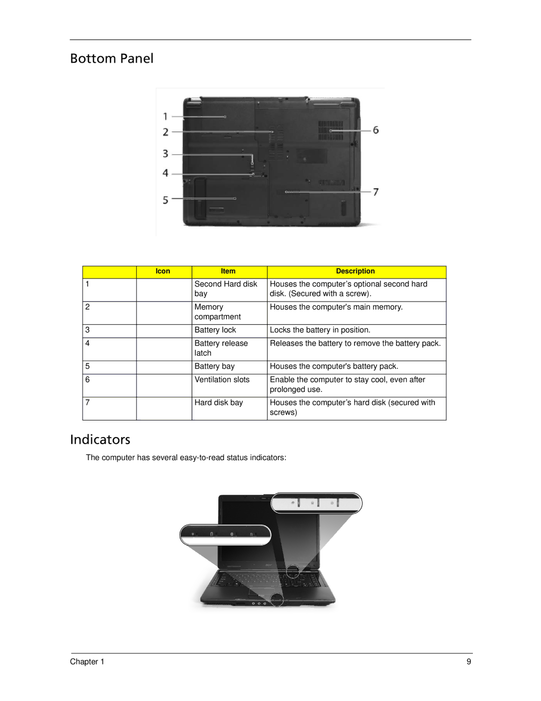 Acer 7520 manual Bottom Panel, Indicators, Computer has several easy-to-read status indicators Chapter 