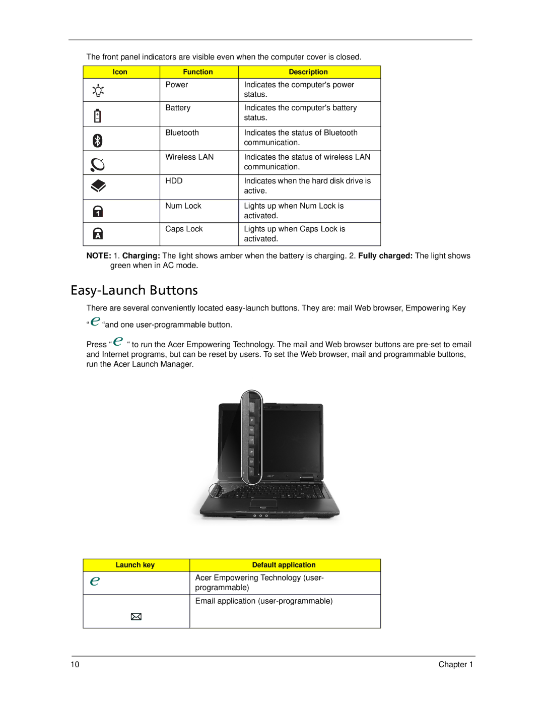 Acer 7520 manual Easy-Launch Buttons, Hdd, Indicates when the hard disk drive is, Active 