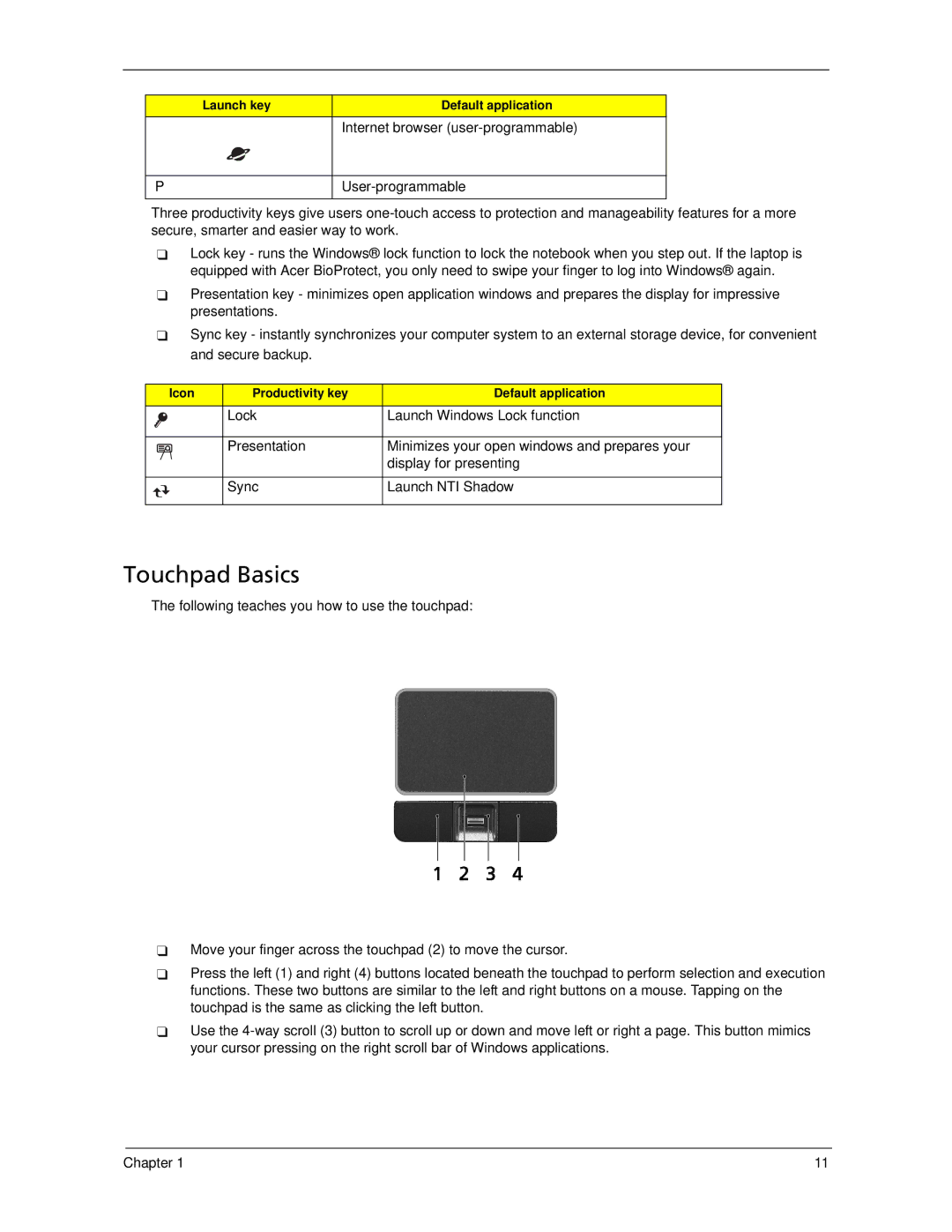 Acer 7520 manual Touchpad Basics 