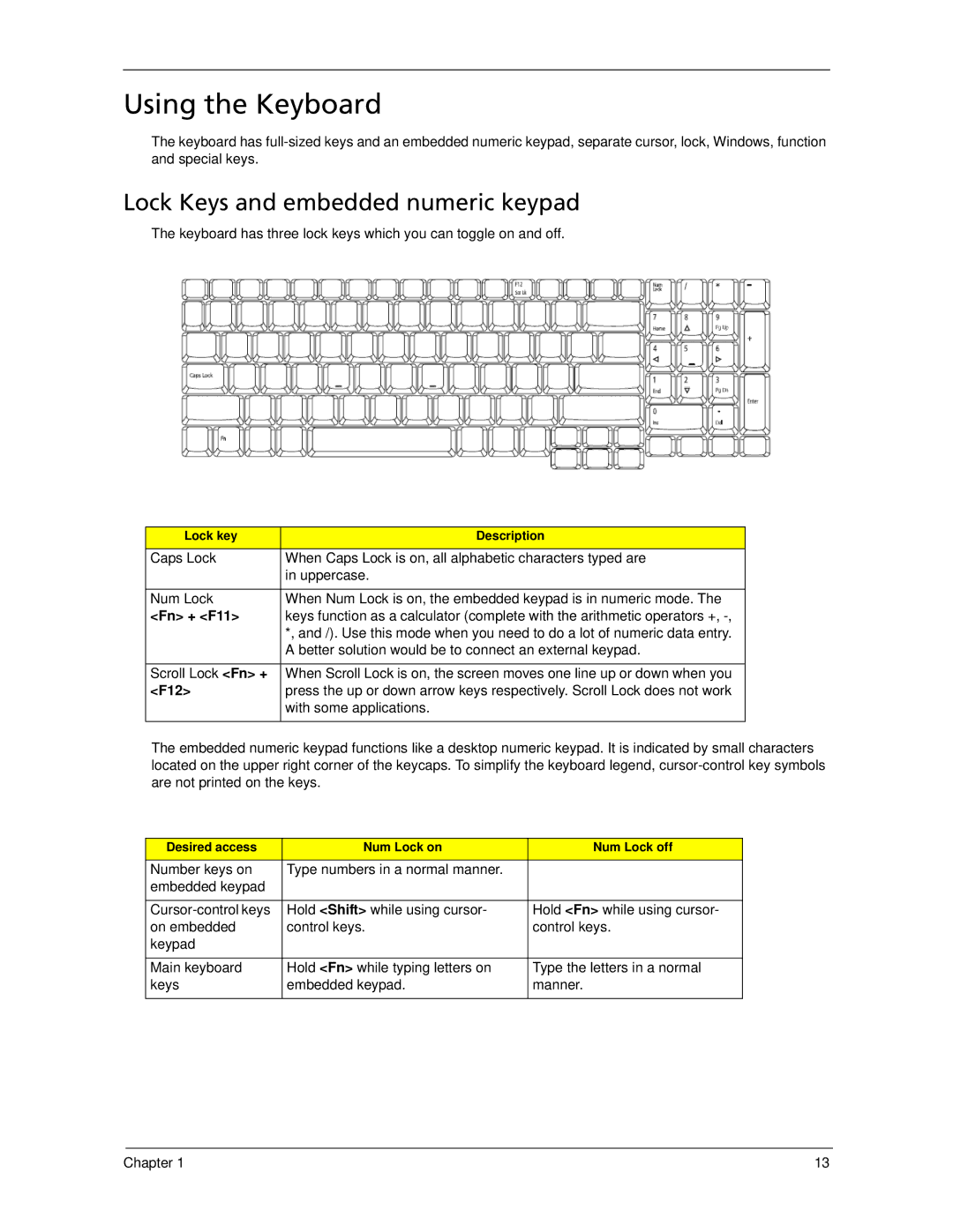 Acer 7520 manual Using the Keyboard, Lock Keys and embedded numeric keypad, Fn + F11, F12 