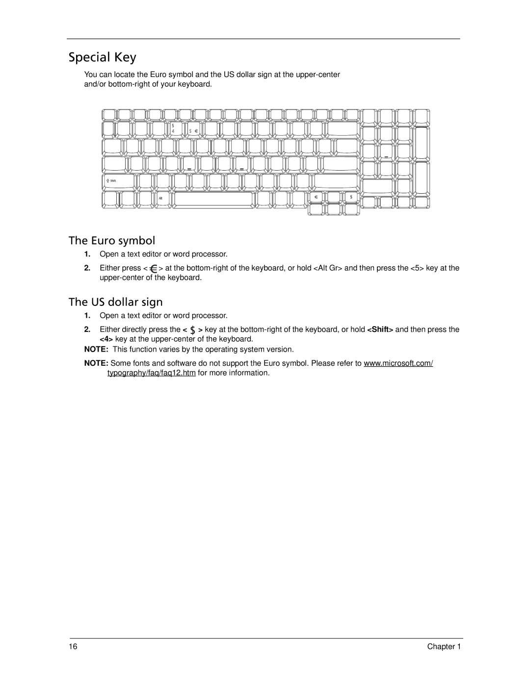 Acer 7520 manual Special Key, Euro symbol 