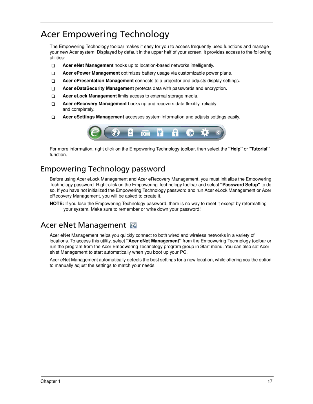 Acer 7520 manual Acer Empowering Technology, Empowering Technology password, Acer eNet Management 