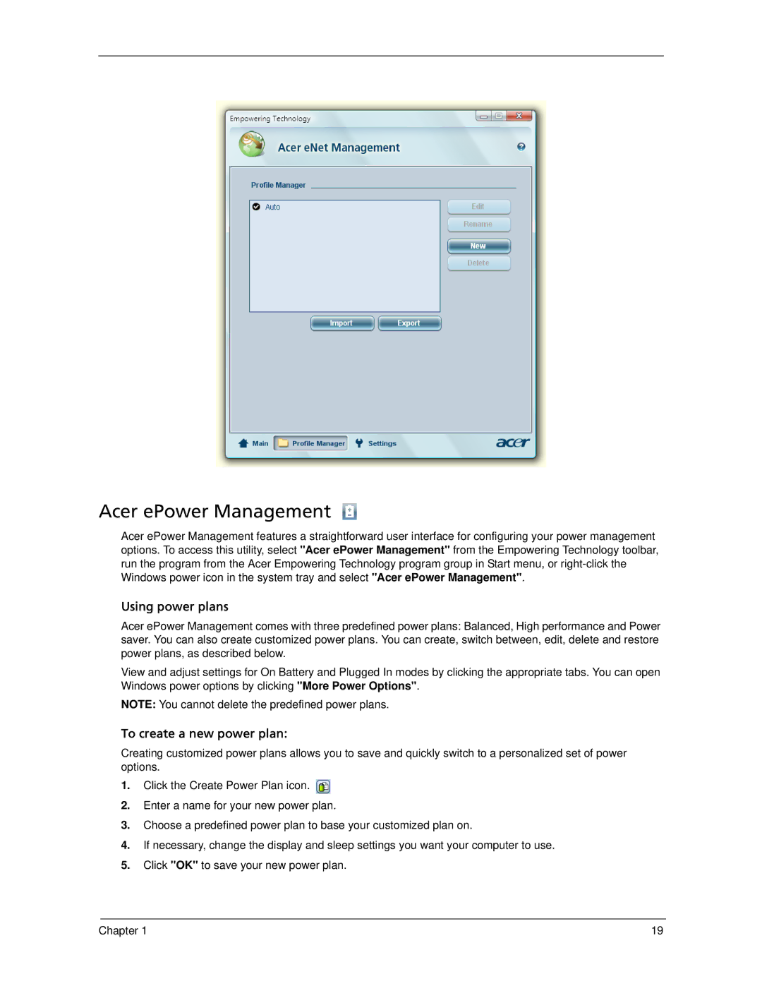 Acer 7520 manual Acer ePower Management, Using power plans 