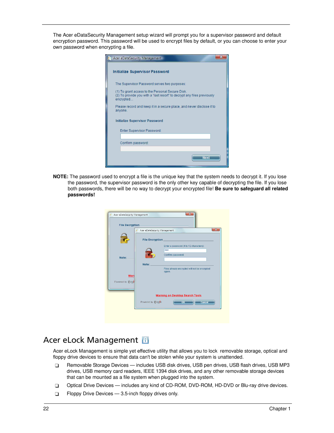 Acer 7520 manual Acer eLock Management, Passwords 