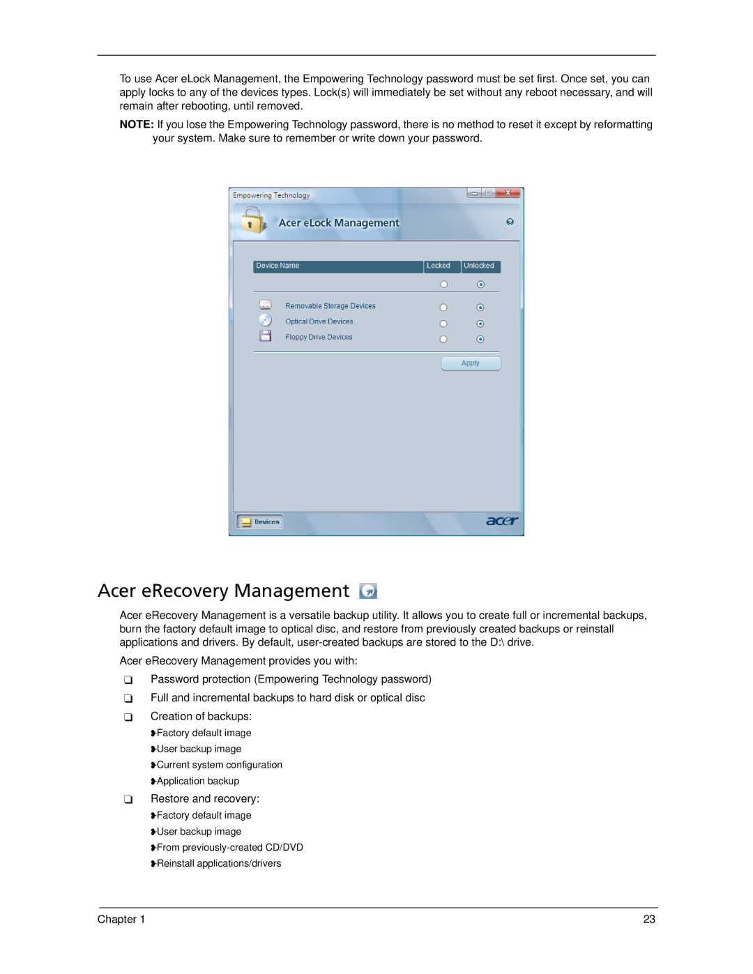 Acer 7520 manual Acer eRecovery Management,  Restore and recovery 