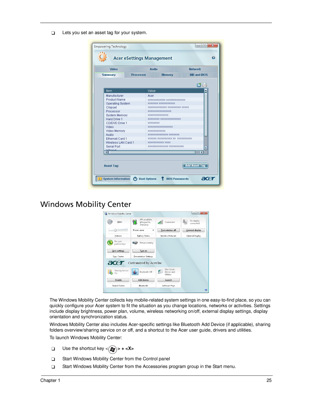 Acer 7520 manual Windows Mobility Center,  Lets you set an asset tag for your system 