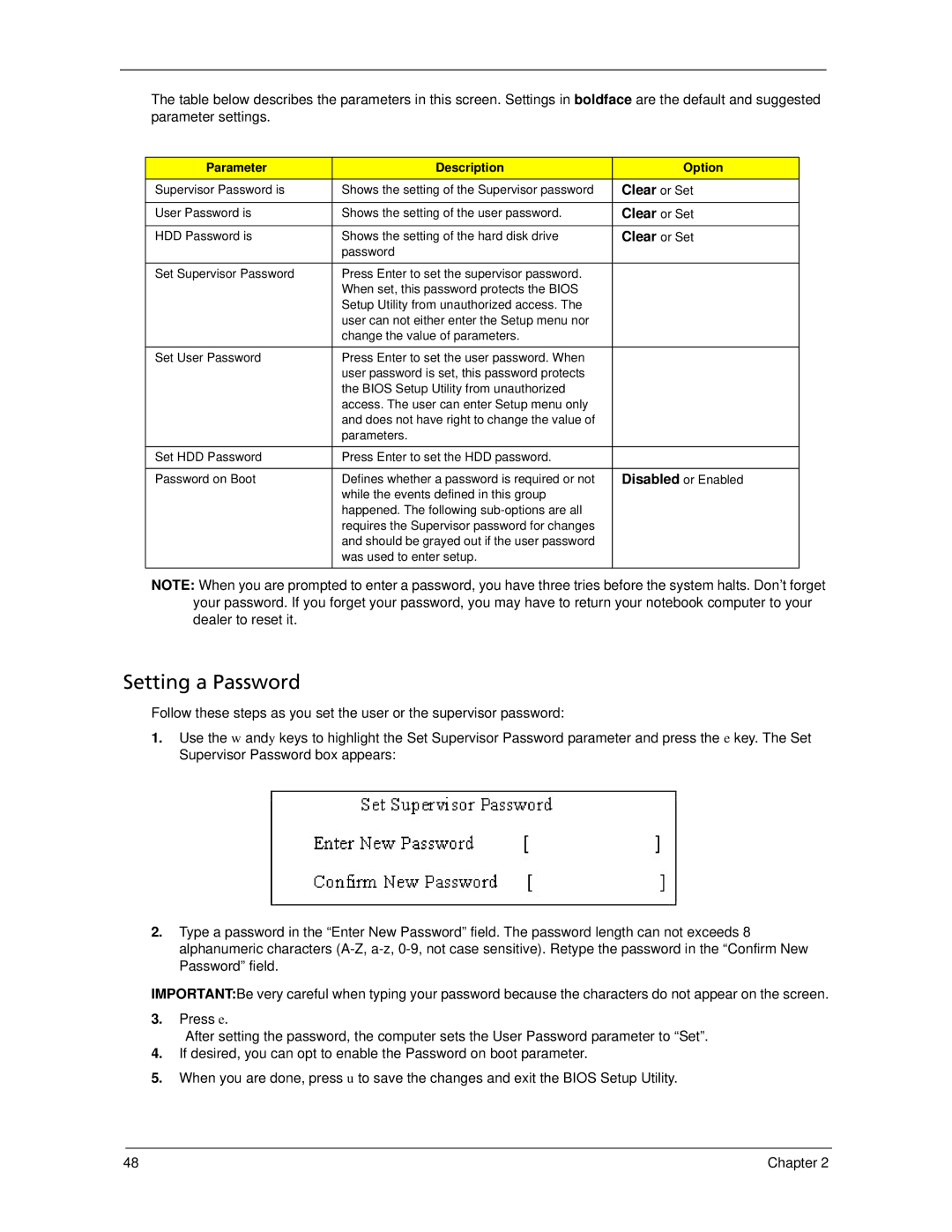 Acer 7520 manual Setting a Password, Clear or Set 