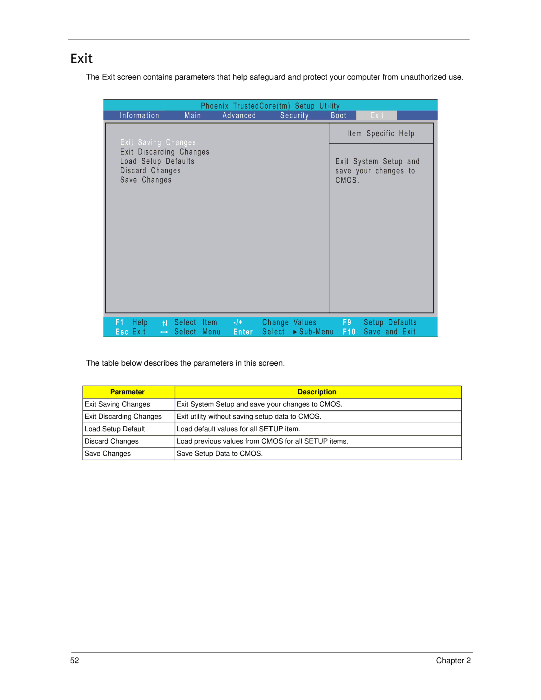 Acer 7520 manual Exit, Table below describes the parameters in this screen 