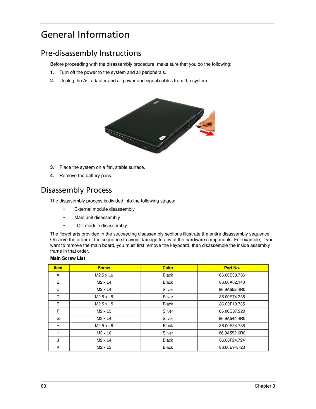 Acer 7520 manual General Information, Pre-disassembly Instructions, Disassembly Process, Main Screw List 