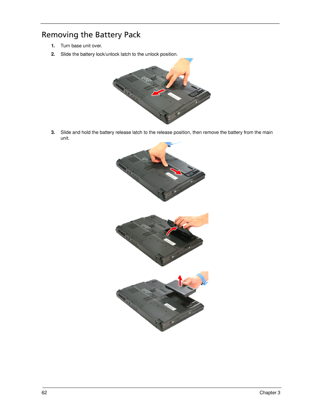 Acer 7520 manual Removing the Battery Pack 