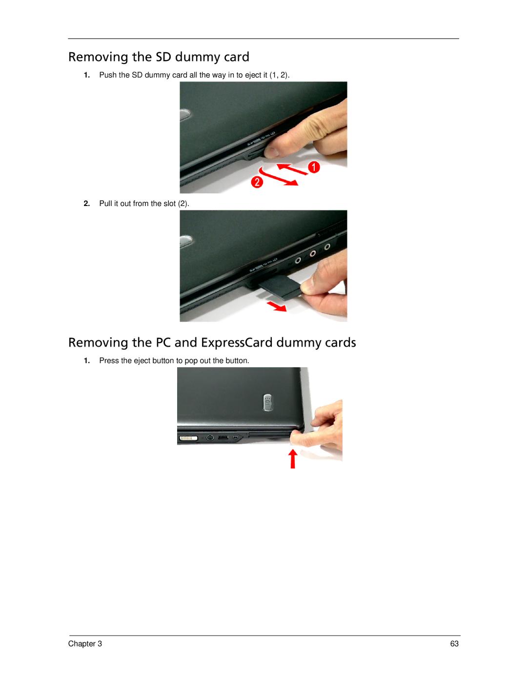 Acer 7520 manual Removing the SD dummy card, Removing the PC and ExpressCard dummy cards 