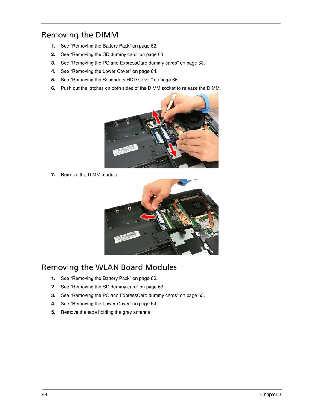 Acer 7520 manual Removing the Dimm, Removing the Wlan Board Modules 