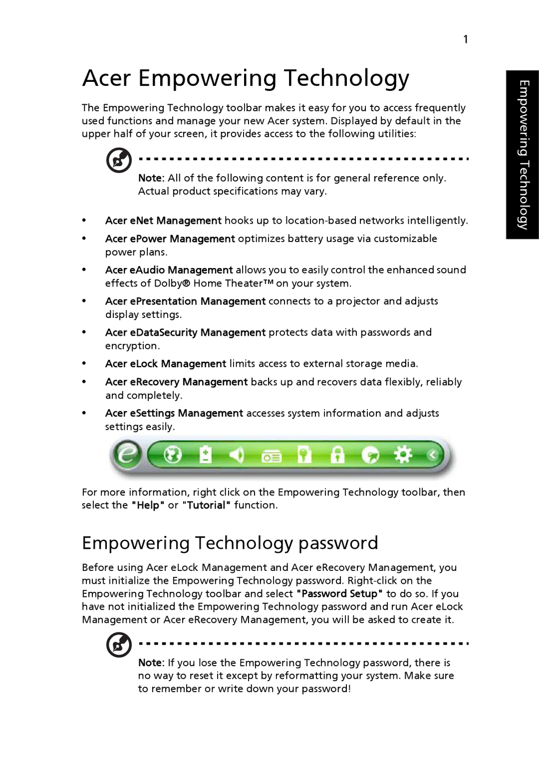 Acer 7220, 7520G manual Acer Empowering Technology, Empowering Technology password 