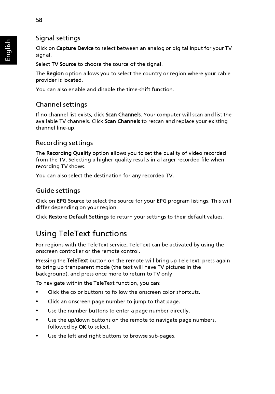 Acer 7220, 7520G manual Using TeleText functions, Signal settings, Channel settings, Recording settings, Guide settings 