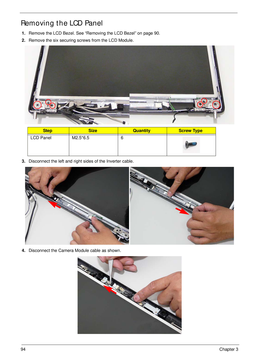 Acer 7530G manual Removing the LCD Panel, Step Size Quantity Screw Type LCD Panel M2.5*6.5 