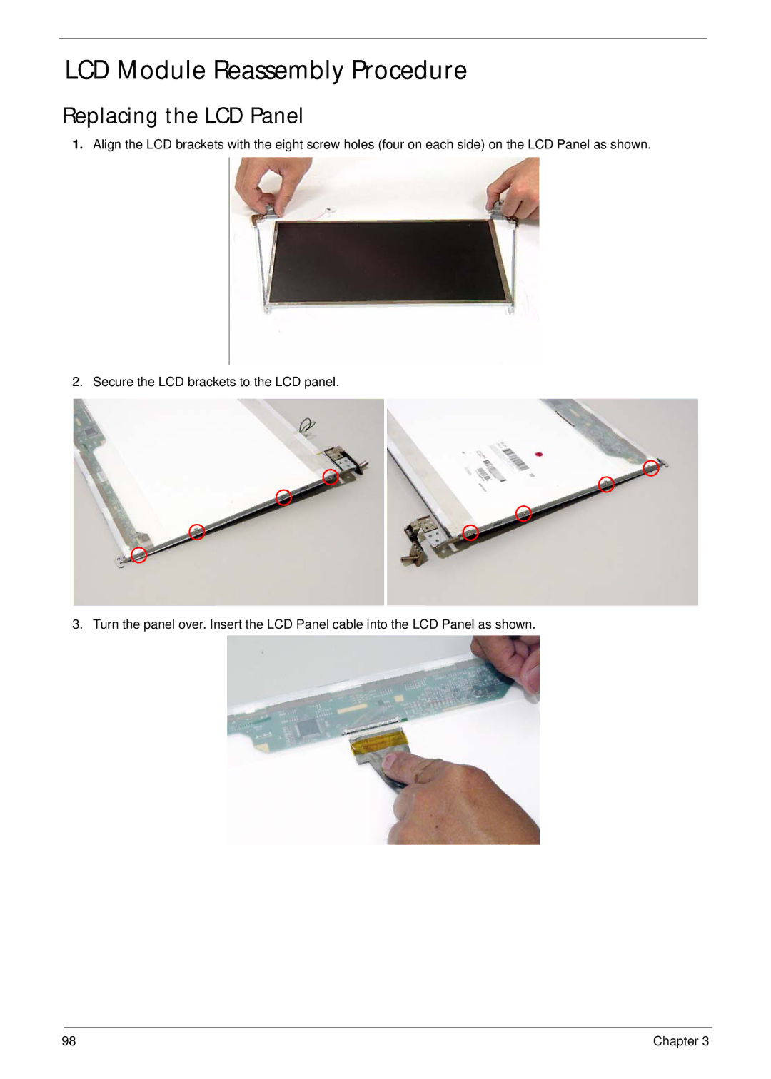 Acer 7530G manual LCD Module Reassembly Procedure, Replacing the LCD Panel 