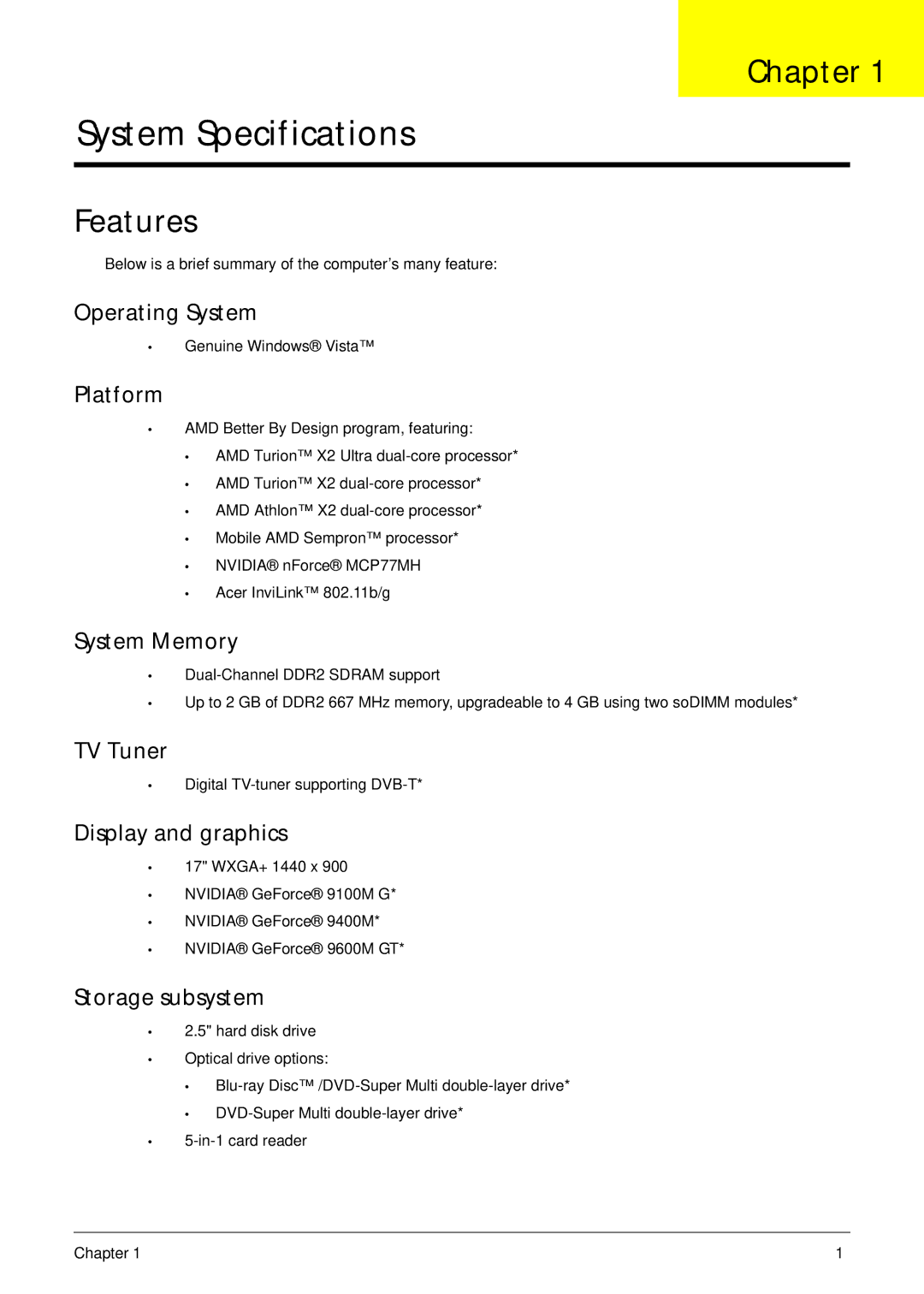 Acer 7530G manual Chapter, Features 