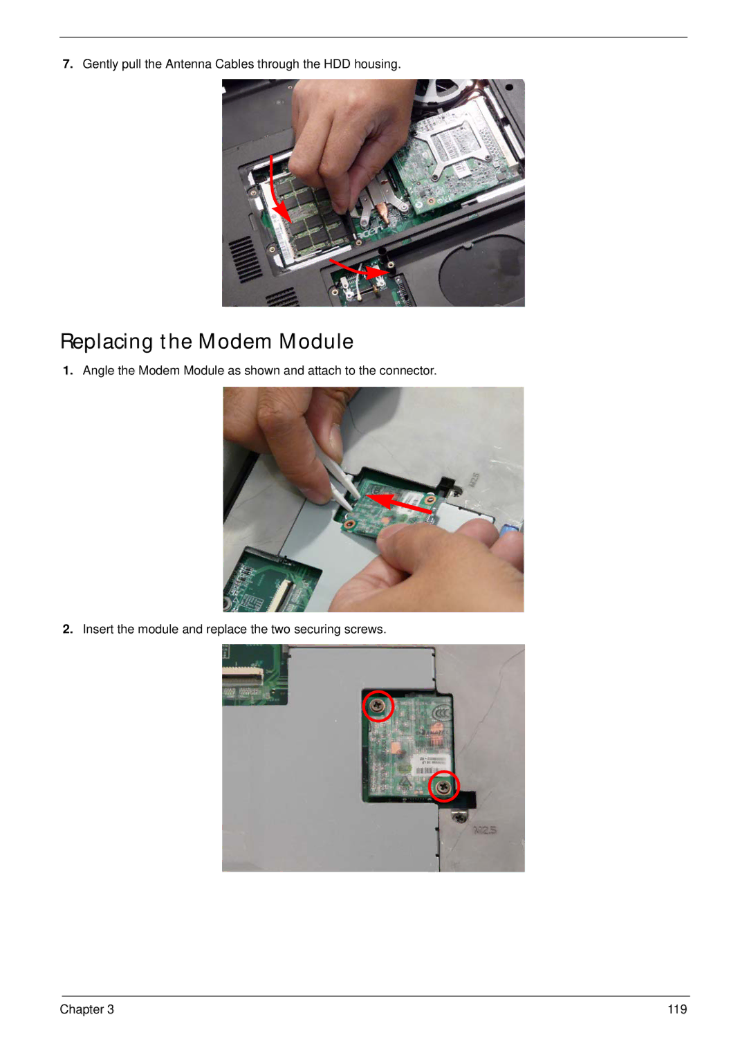 Acer 7530G manual Replacing the Modem Module 