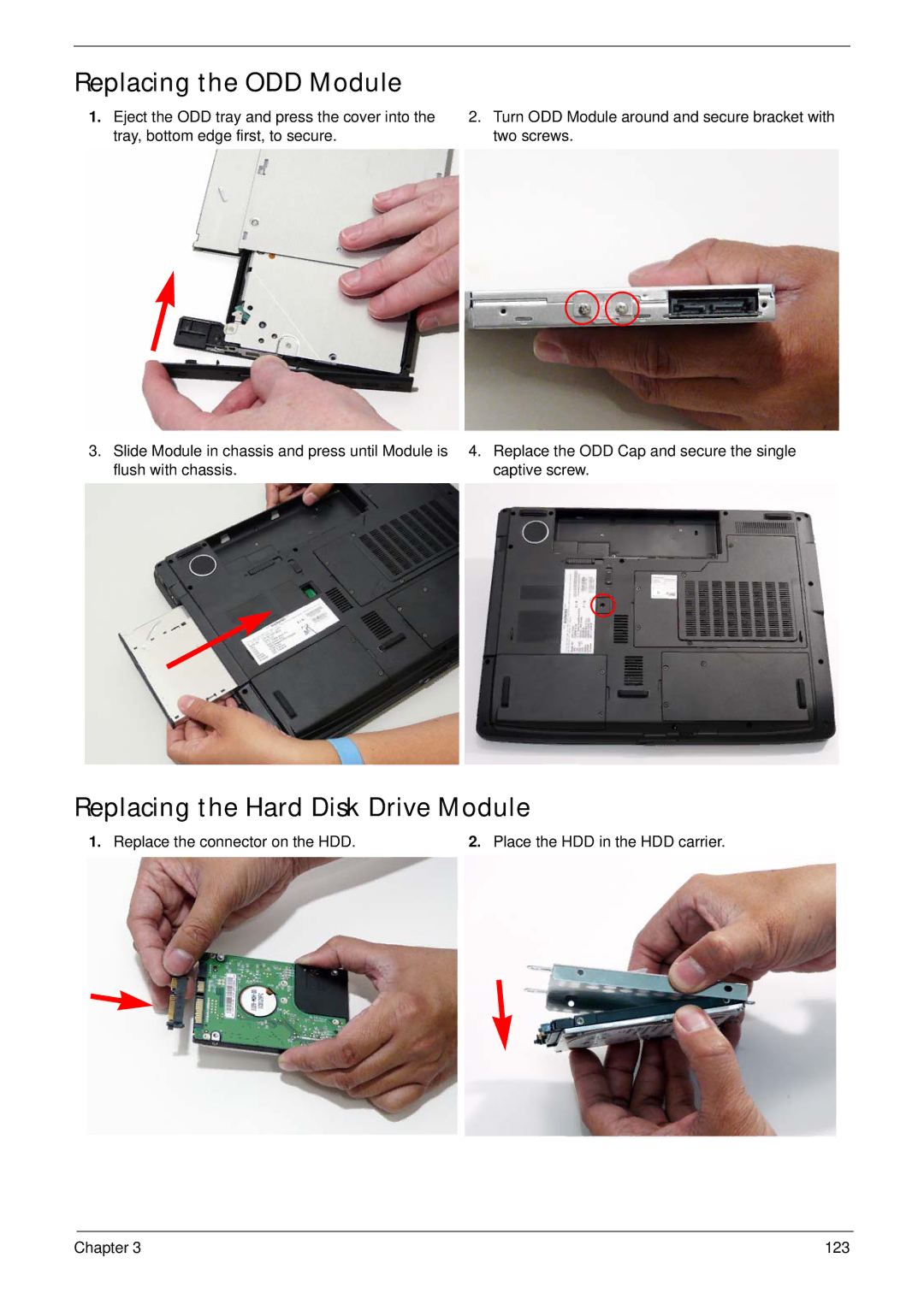 Acer 7530G manual Replacing the ODD Module, Replacing the Hard Disk Drive Module 