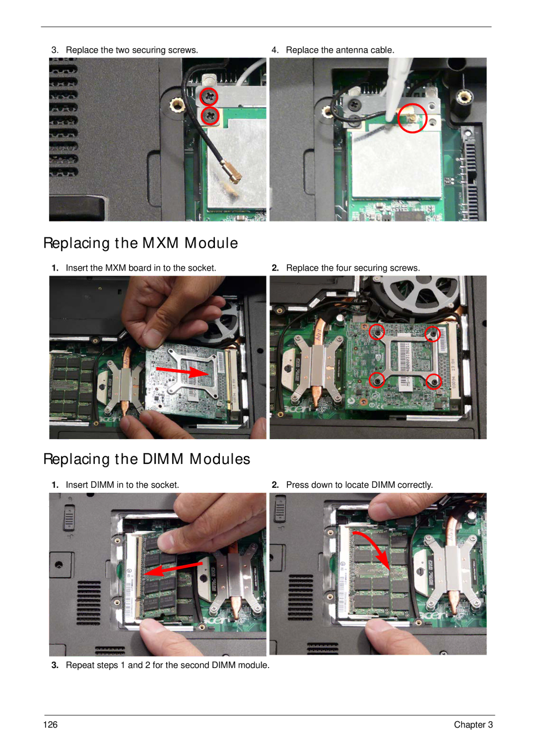 Acer 7530G manual Replacing the MXM Module, Replacing the Dimm Modules 