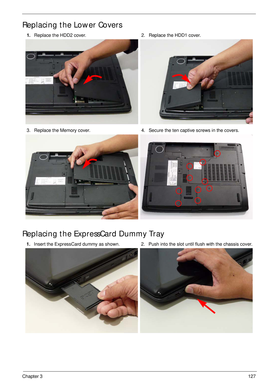 Acer 7530G manual Replacing the Lower Covers, Replacing the ExpressCard Dummy Tray 