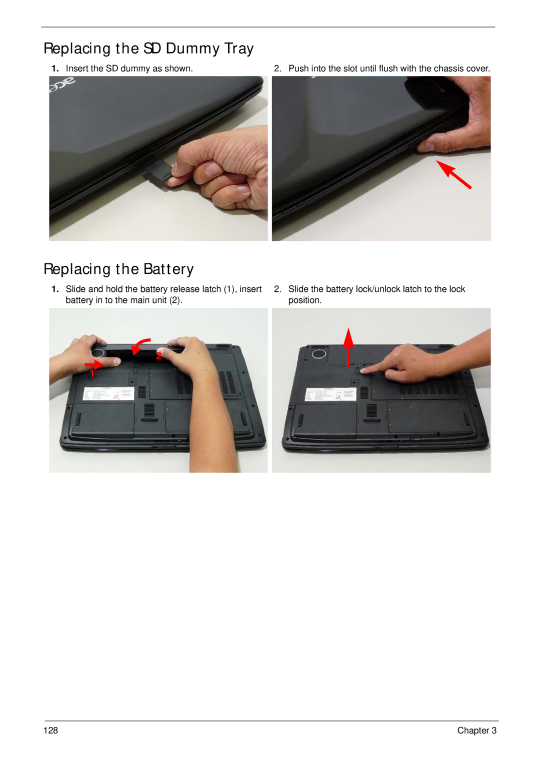 Acer 7530G manual Replacing the SD Dummy Tray, Replacing the Battery 