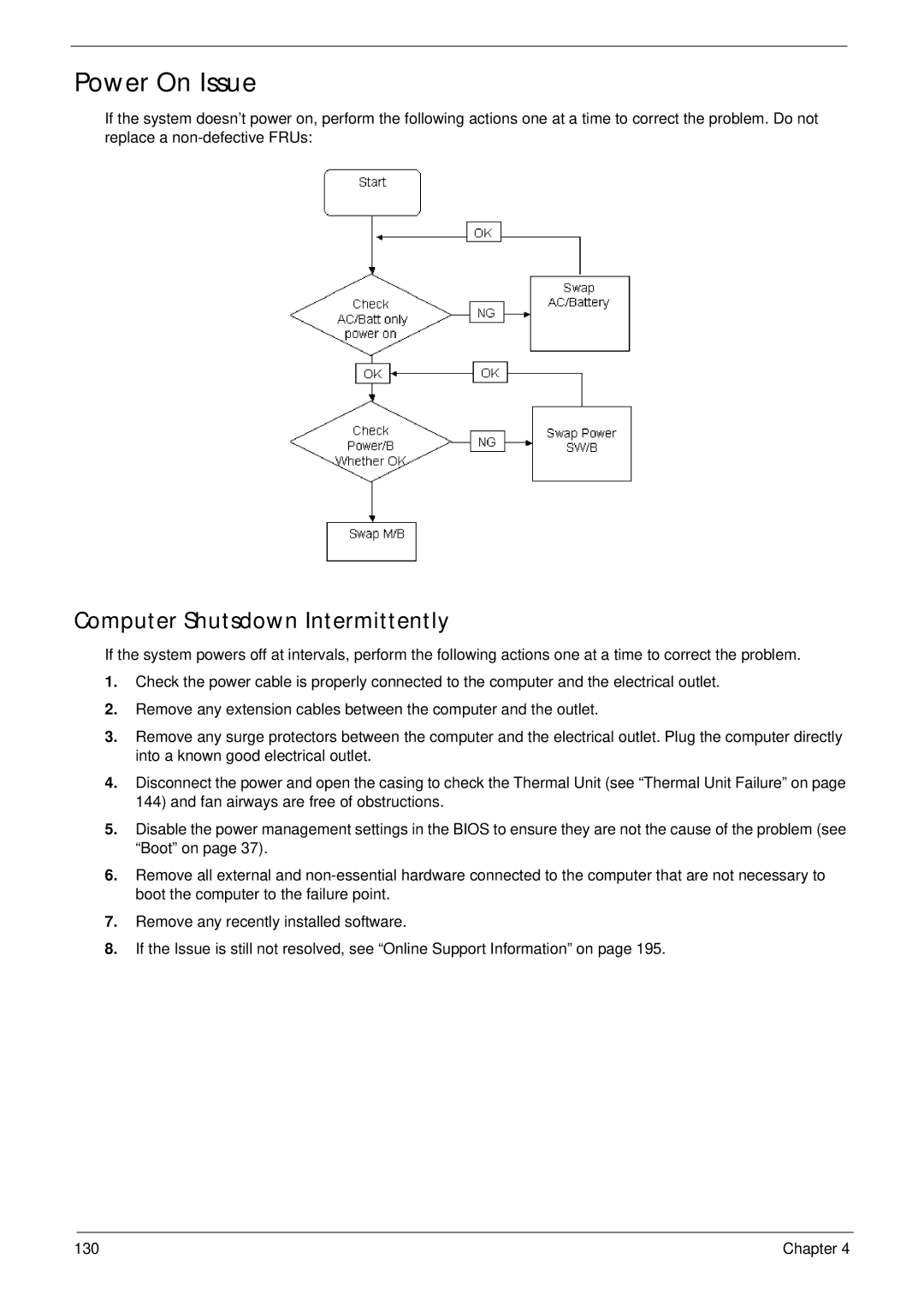 Acer 7530G manual Power On Issue, Computer Shutsdown Intermittently 