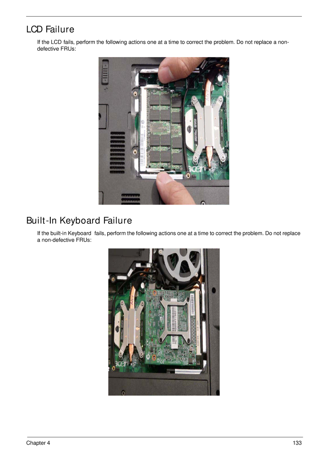 Acer 7530G manual LCD Failure, Built-In Keyboard Failure 