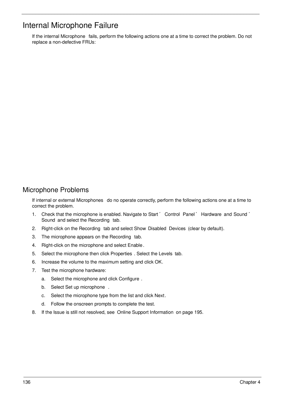 Acer 7530G manual Internal Microphone Failure, Microphone Problems, Select Set up microphone 