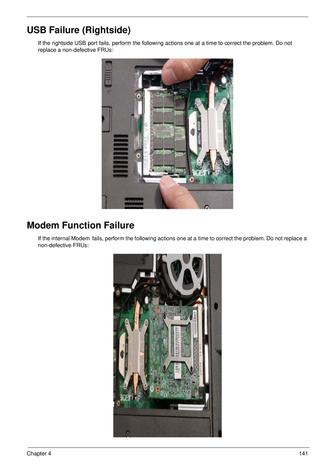 Acer 7530G manual USB Failure Rightside, Modem Function Failure 