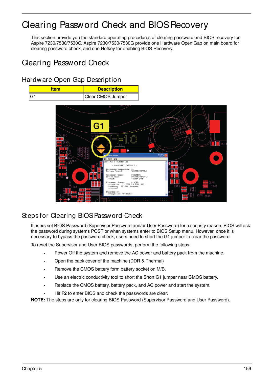 Acer 7530 Clearing Password Check and Bios Recovery, Hardware Open Gap Description, Steps for Clearing Bios Password Check 