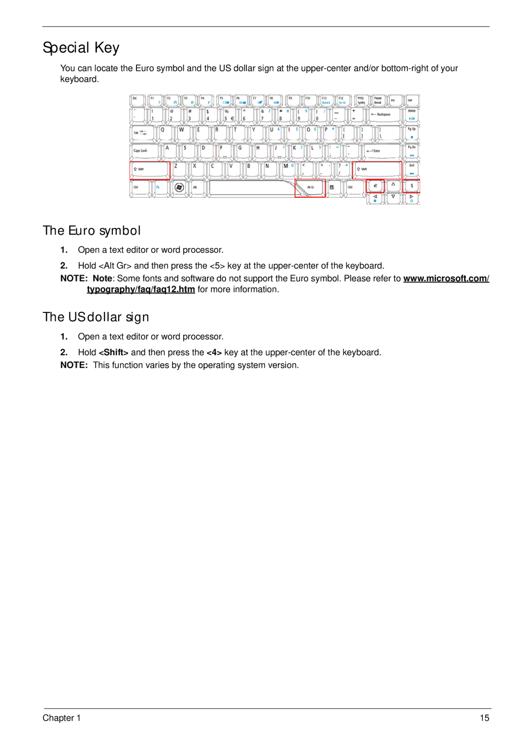 Acer 7530G manual Special Key, Euro symbol, US dollar sign 