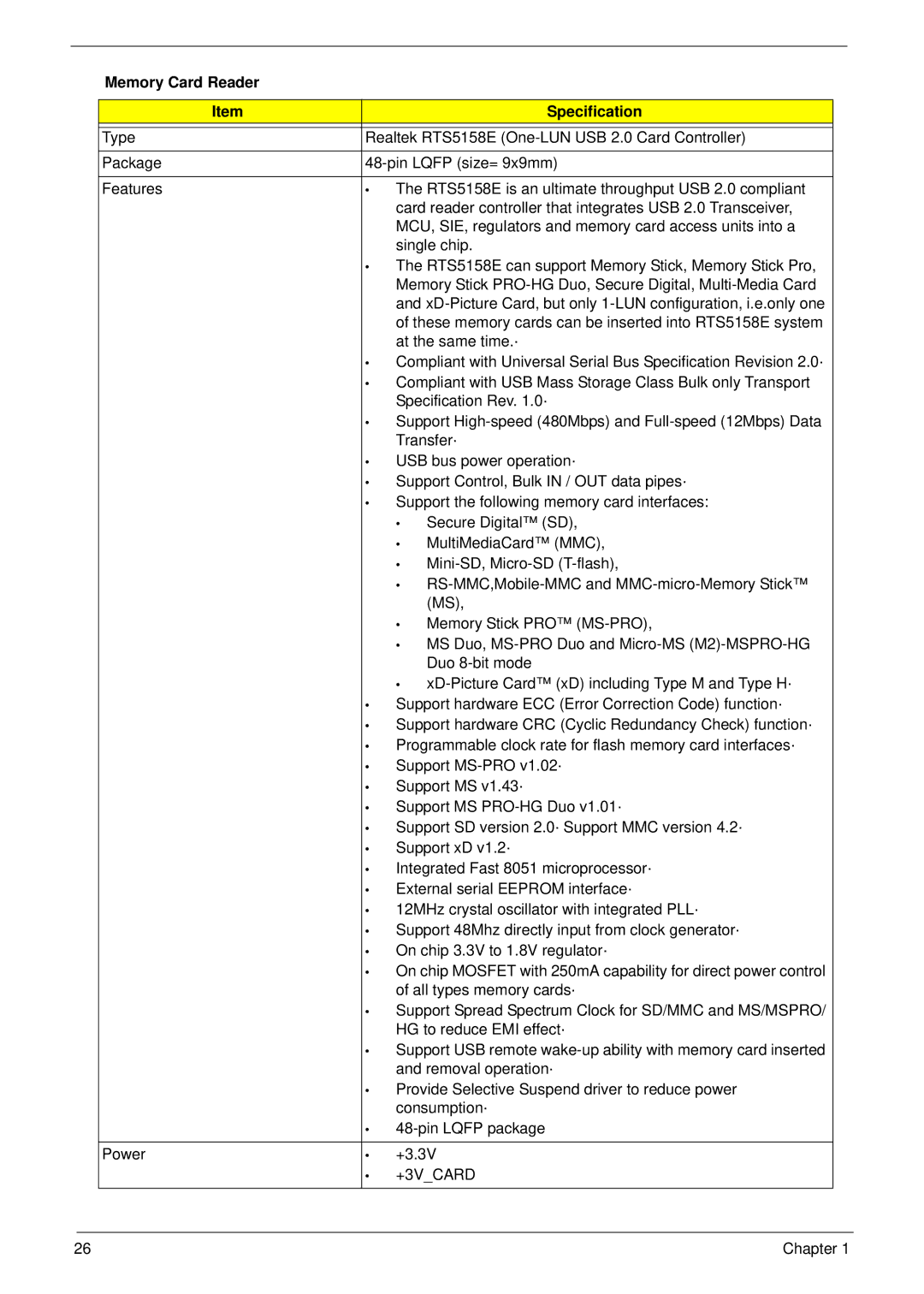 Acer 7530G manual Memory Card Reader Specification, +3VCARD 