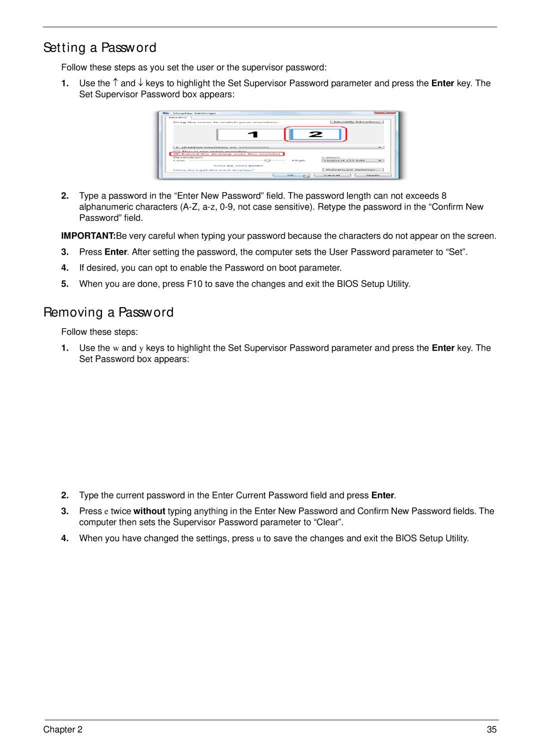 Acer 7530G manual Setting a Password, Removing a Password 