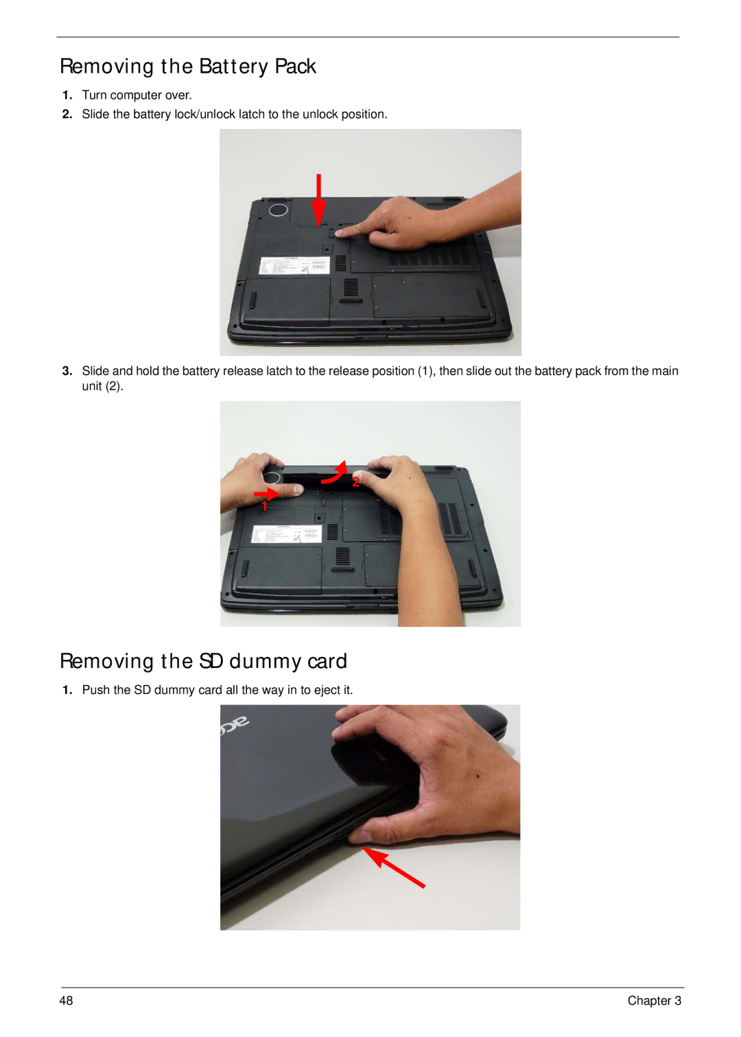 Acer 7530G manual Removing the Battery Pack, Removing the SD dummy card 