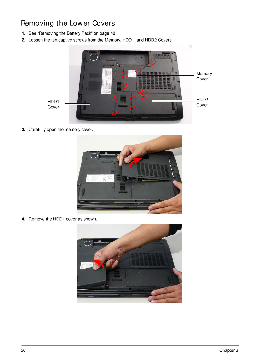 Acer 7530G manual Removing the Lower Covers, HDD1 