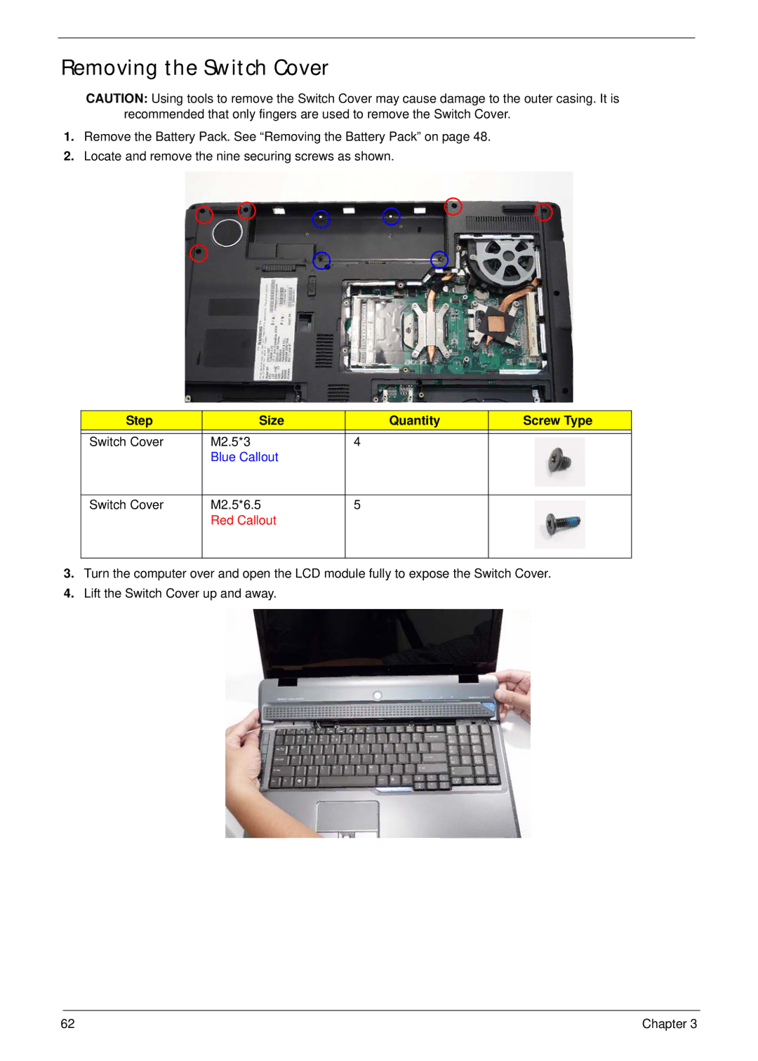 Acer 7530G manual Removing the Switch Cover, Red Callout 