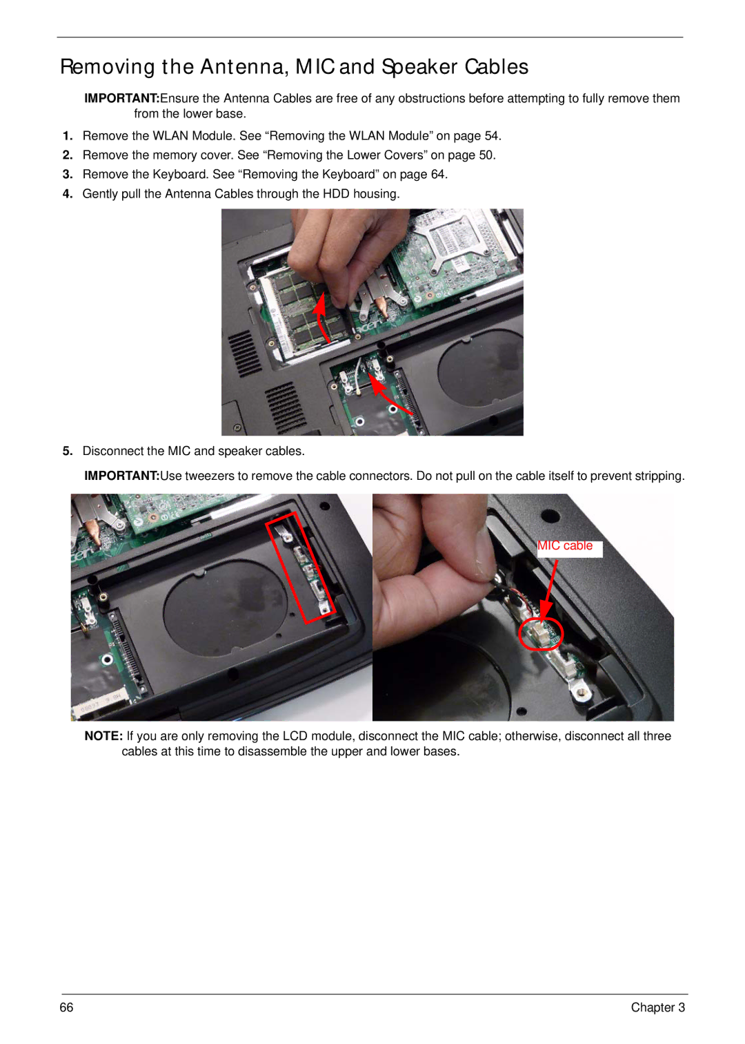 Acer 7530G manual Removing the Antenna, MIC and Speaker Cables, MIC cable 