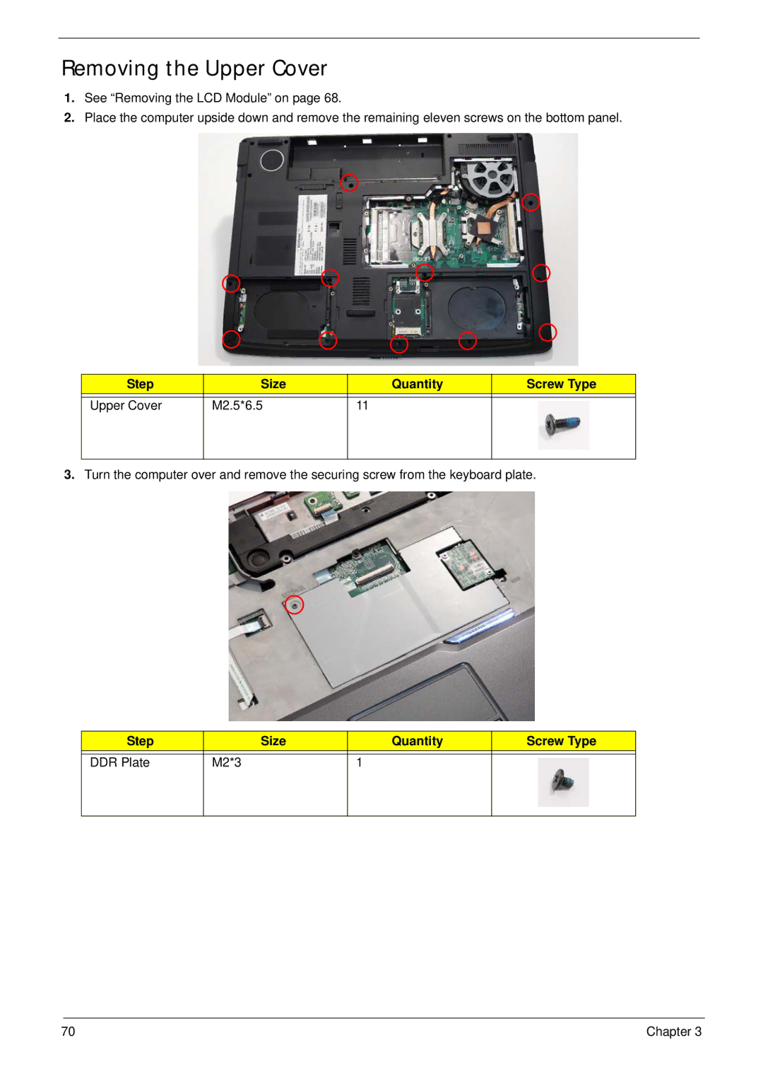 Acer 7530G manual Removing the Upper Cover, Step Size Quantity Screw Type Upper Cover M2.5*6.5 